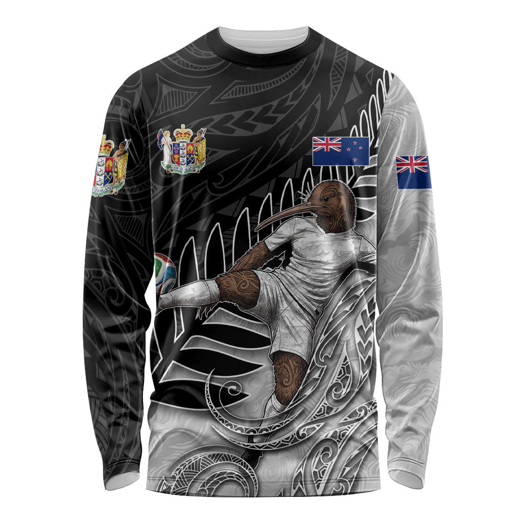 Personalized New Zealand Football Long Sleeve Shirt Kiwi Mascot with Silver Fern - Maori Tribal Tattoo Art