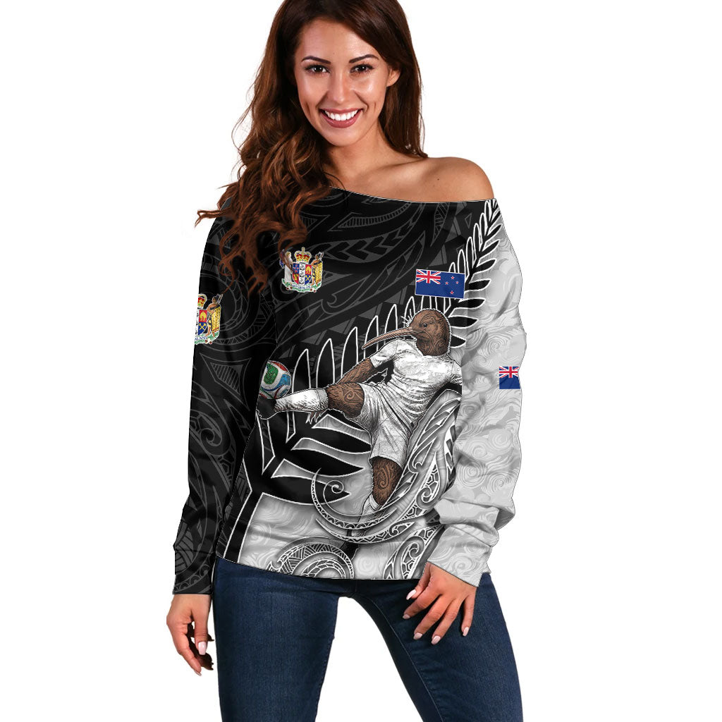 Personalized New Zealand Football Off Shoulder Sweater Kiwi Mascot with Silver Fern - Maori Tribal Tattoo Art