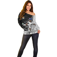 Personalized New Zealand Football Off Shoulder Sweater Kiwi Mascot with Silver Fern - Maori Tribal Tattoo Art
