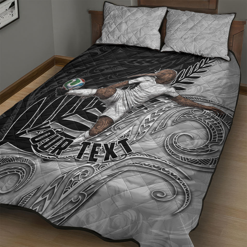 Personalized New Zealand Football Quilt Bed Set Kiwi Mascot with Silver Fern - Maori Tribal Tattoo Art