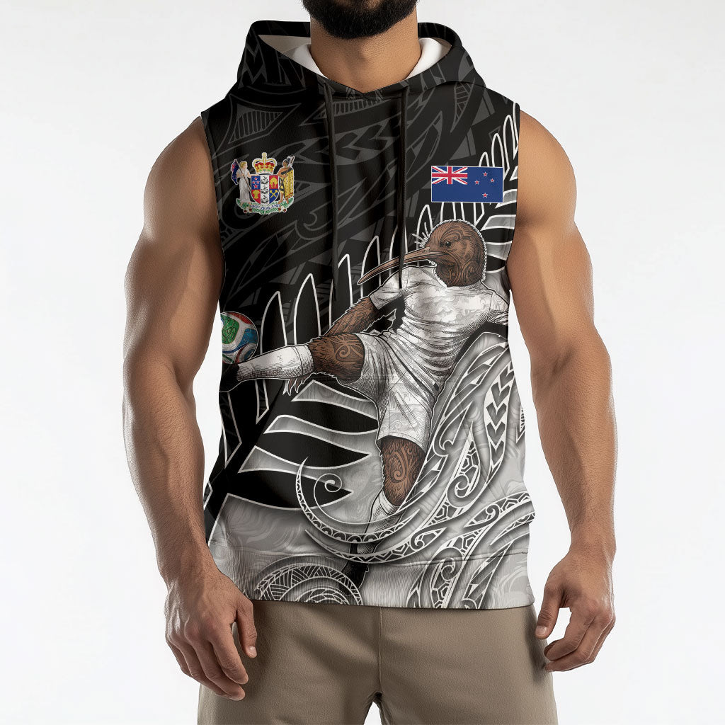 Personalized New Zealand Football Sleeveless Hoodie Kiwi Mascot with Silver Fern - Maori Tribal Tattoo Art