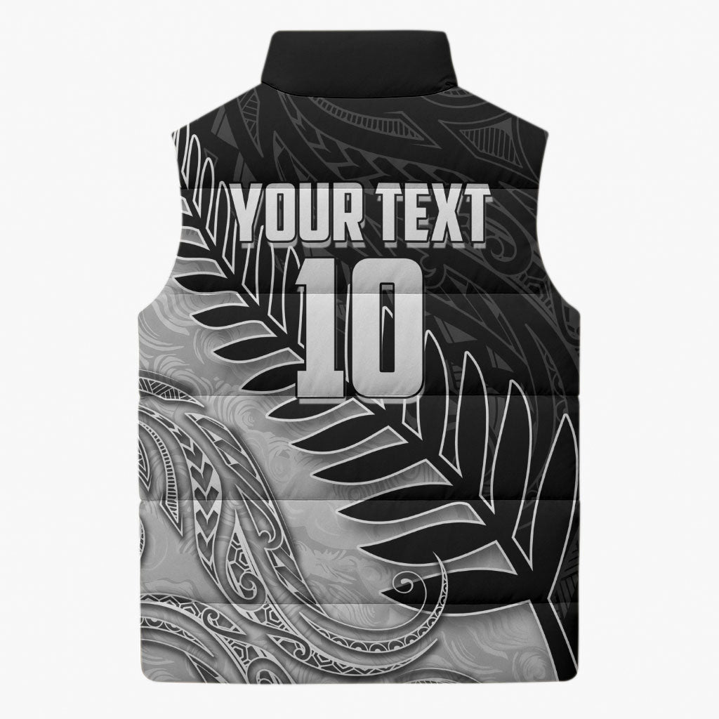 Personalized New Zealand Football Sleeveless Puffer Jacket Kiwi Mascot with Silver Fern - Maori Tribal Tattoo Art