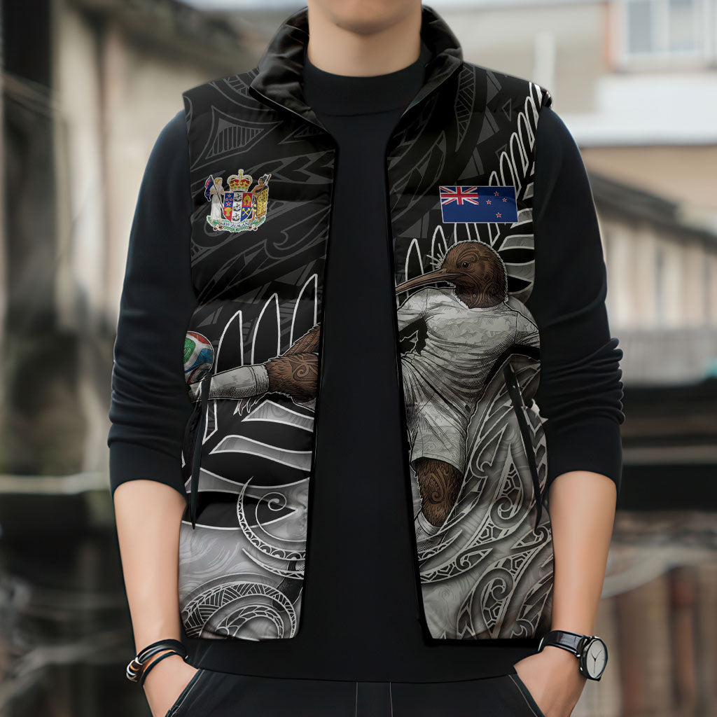 Personalized New Zealand Football Sleeveless Puffer Jacket Kiwi Mascot with Silver Fern - Maori Tribal Tattoo Art
