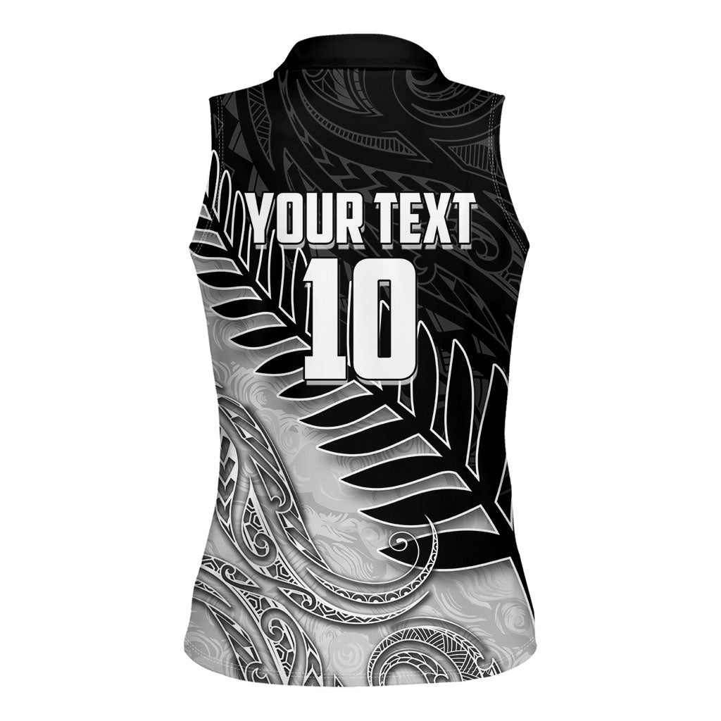 Personalized New Zealand Football Women Sleeveless Polo Shirt Kiwi Mascot with Silver Fern - Maori Tribal Tattoo Art