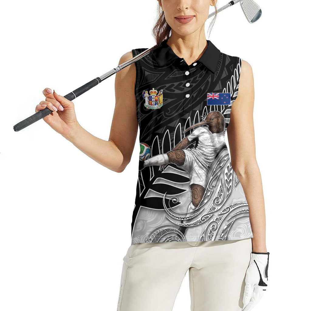 Personalized New Zealand Football Women Sleeveless Polo Shirt Kiwi Mascot with Silver Fern - Maori Tribal Tattoo Art
