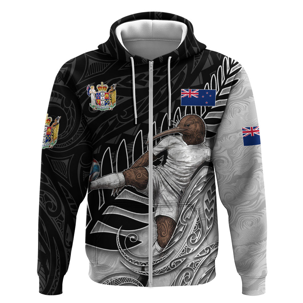 Personalized New Zealand Football Zip Hoodie Kiwi Mascot with Silver Fern - Maori Tribal Tattoo Art