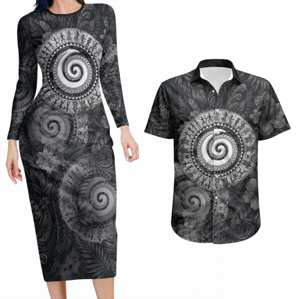 Hawaiian Piko Couples Matching Long Sleeve Bodycon Dress and Hawaiian Shirt Cultural Anchor Connect Your Roots Ocean Waves TS04 Black Grey - Polynesian Pride