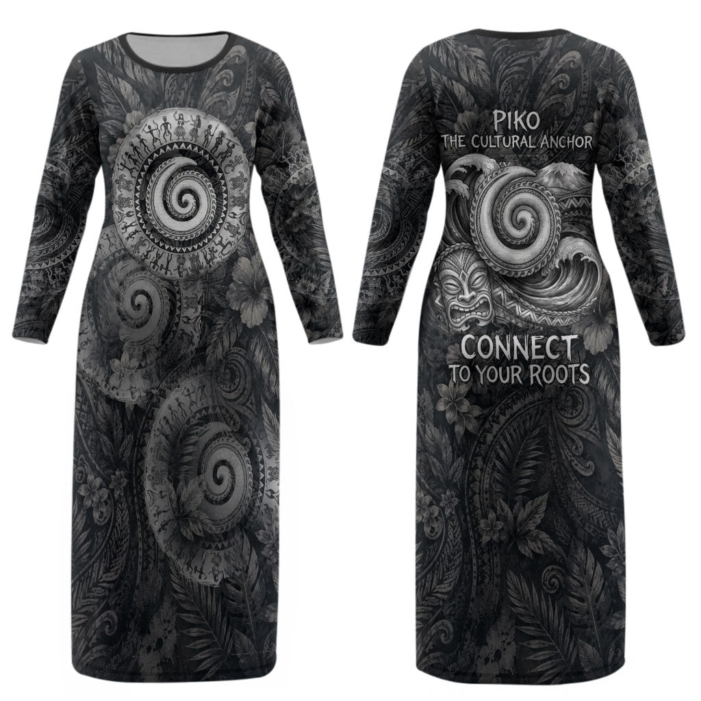Hawaiian Piko Couples Matching Long Sleeve Bodycon Dress and Hawaiian Shirt Cultural Anchor Connect Your Roots Ocean Waves TS04 - Polynesian Pride