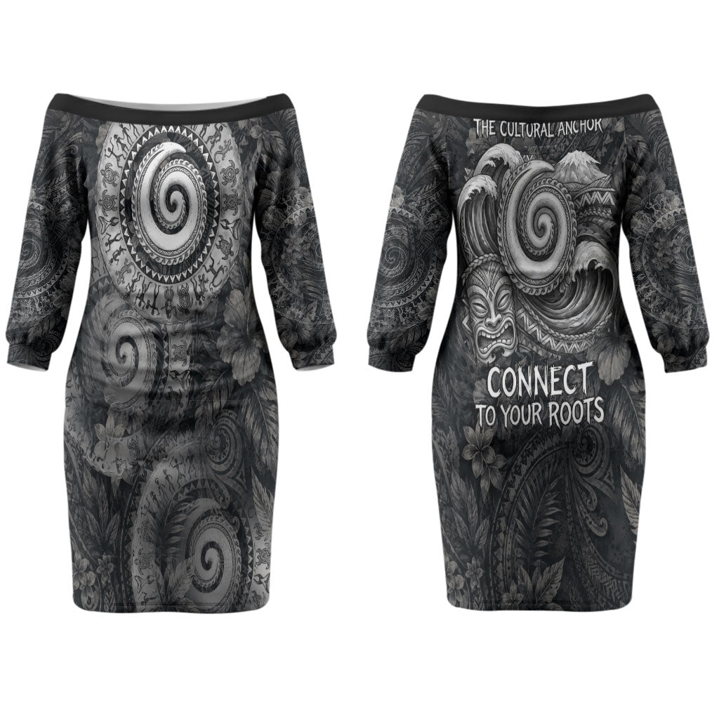 Hawaiian Piko Couples Matching Off The Shoulder Long Sleeve Dress and Hawaiian Shirt Cultural Anchor Connect Your Roots Ocean Waves TS04 - Polynesian Pride