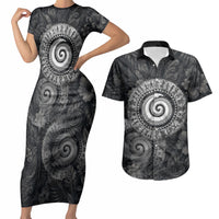 Hawaiian Piko Couples Matching Short Sleeve Bodycon Dress and Hawaiian Shirt Cultural Anchor Connect Your Roots Ocean Waves TS04 Black Grey - Polynesian Pride