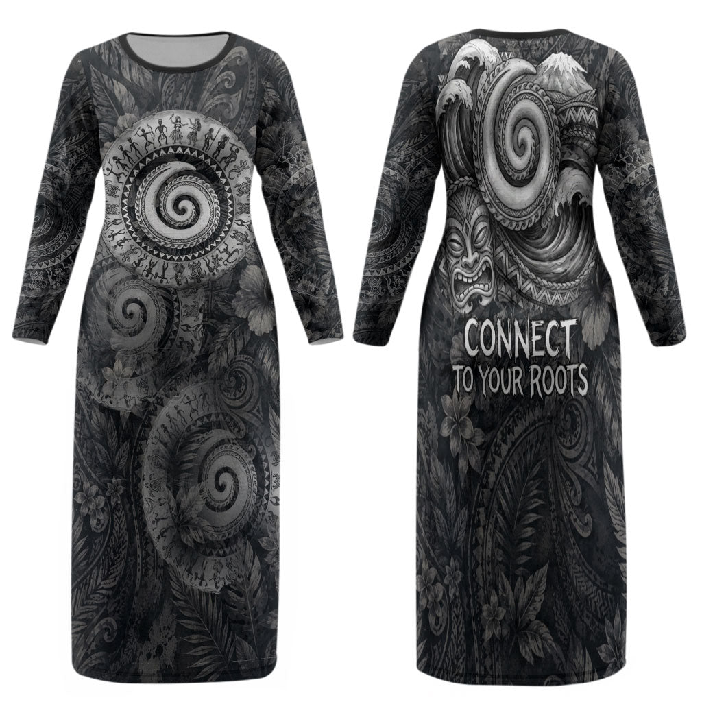 Hawaiian Piko Family Matching Long Sleeve Bodycon Dress and Hawaiian Shirt Cultural Anchor Connect Your Roots Ocean Waves TS04 Mom's Dress Black Grey - Polynesian Pride