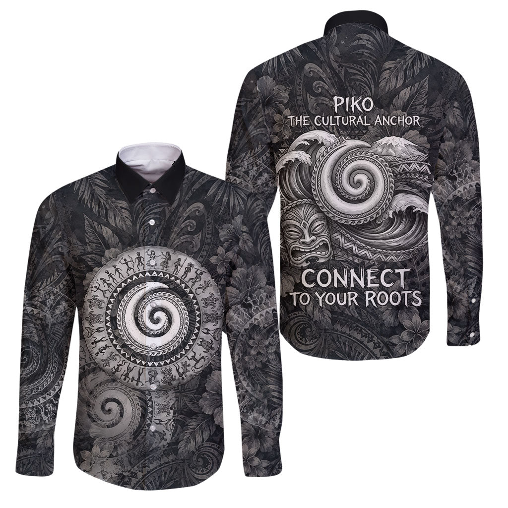 Hawaiian Piko Family Matching Long Sleeve Bodycon Dress and Hawaiian Shirt Cultural Anchor Connect Your Roots Ocean Waves TS04 Dad's Shirt - Long Sleeve Black Grey - Polynesian Pride