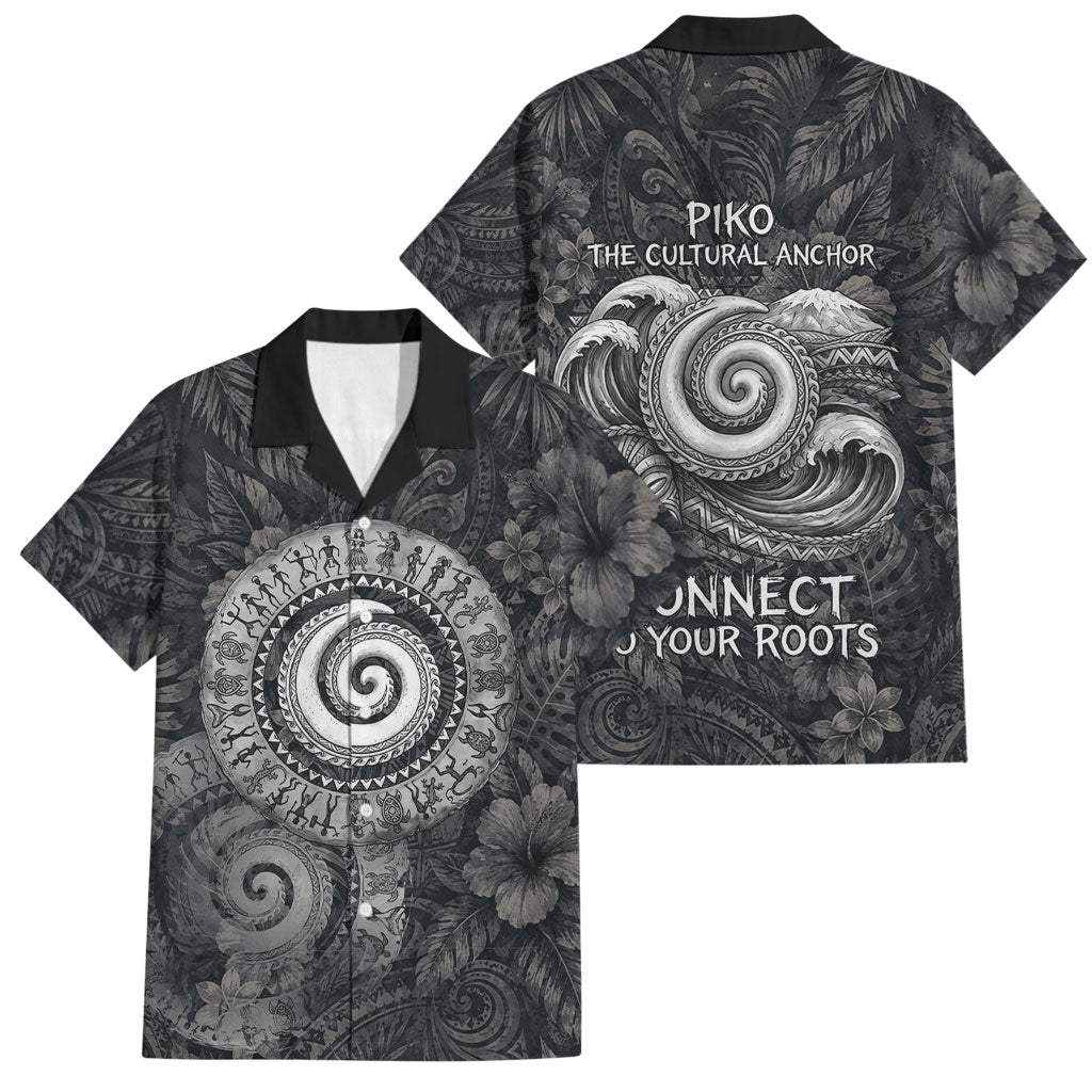 Hawaiian Piko Family Matching Mermaid Dress and Hawaiian Shirt Cultural Anchor Connect Your Roots Ocean Waves TS04 Dad's Shirt - Short Sleeve Black Grey - Polynesian Pride