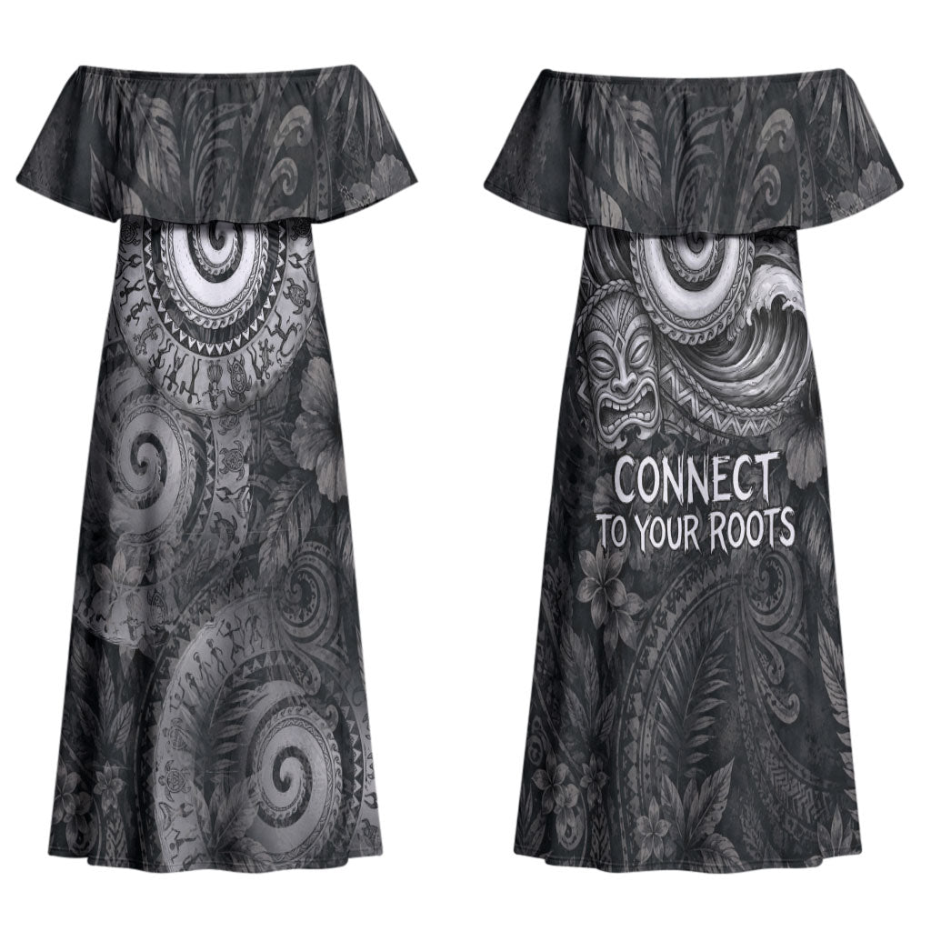 Hawaiian Piko Family Matching Off Shoulder Maxi Dress and Hawaiian Shirt Cultural Anchor Connect Your Roots Ocean Waves TS04 Mom's Dress Black Grey - Polynesian Pride