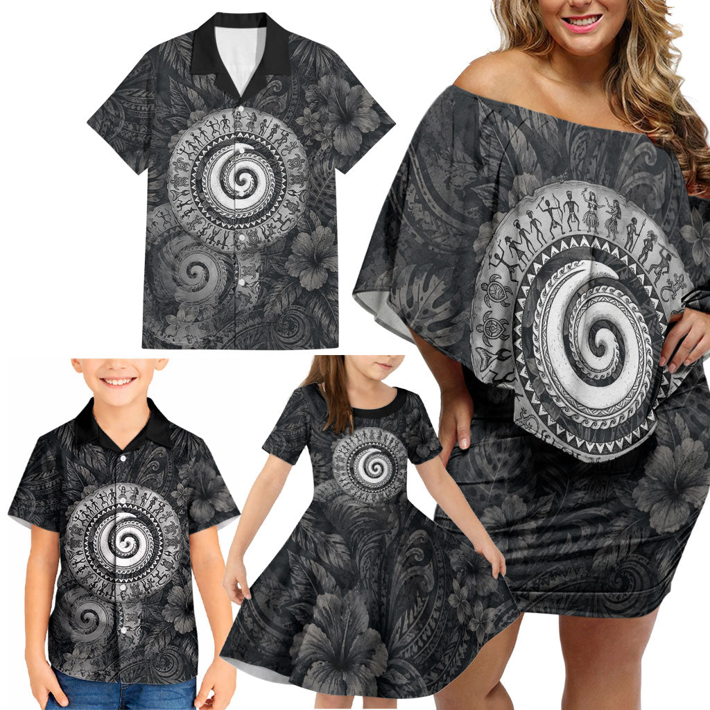 Hawaiian Piko Family Matching Off Shoulder Short Dress and Hawaiian Shirt Cultural Anchor Connect Your Roots Ocean Waves
