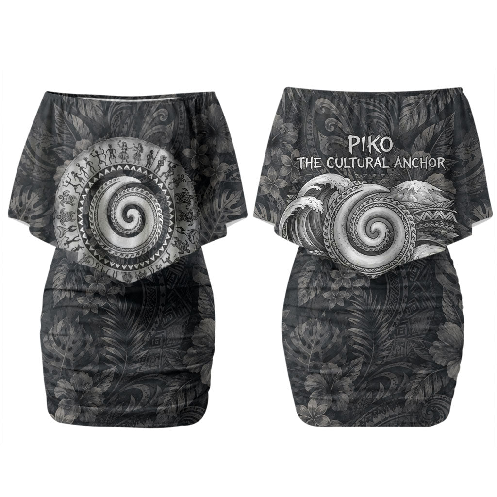 Hawaiian Piko Family Matching Off Shoulder Short Dress and Hawaiian Shirt Cultural Anchor Connect Your Roots Ocean Waves TS04 Mom's Dress Black Grey - Polynesian Pride