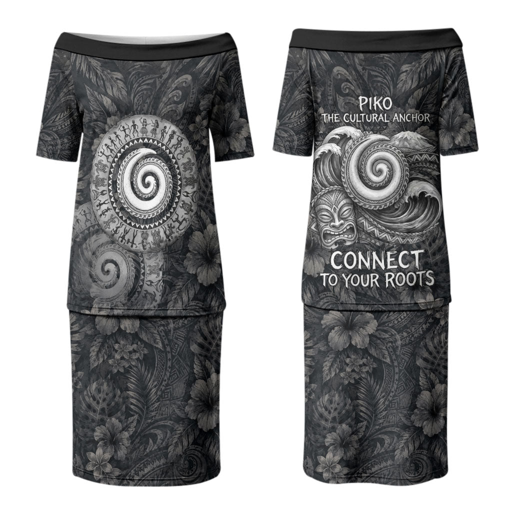 Hawaiian Piko Family Matching Puletasi and Hawaiian Shirt Cultural Anchor Connect Your Roots Ocean Waves TS04 Mom's Dress Black Grey - Polynesian Pride