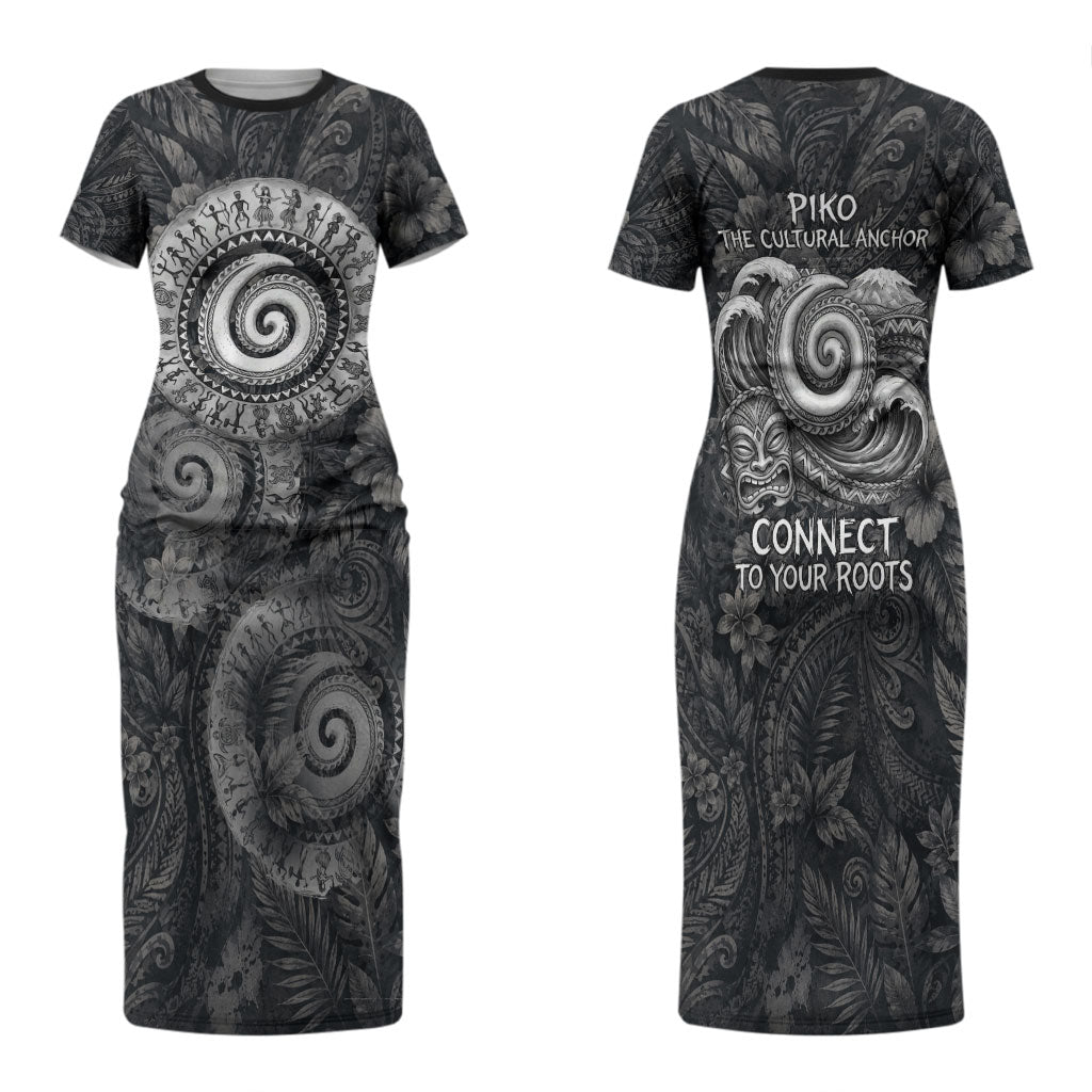 Hawaiian Piko Family Matching Short Sleeve Bodycon Dress and Hawaiian Shirt Cultural Anchor Connect Your Roots Ocean Waves TS04 Mom's Dress Black Grey - Polynesian Pride