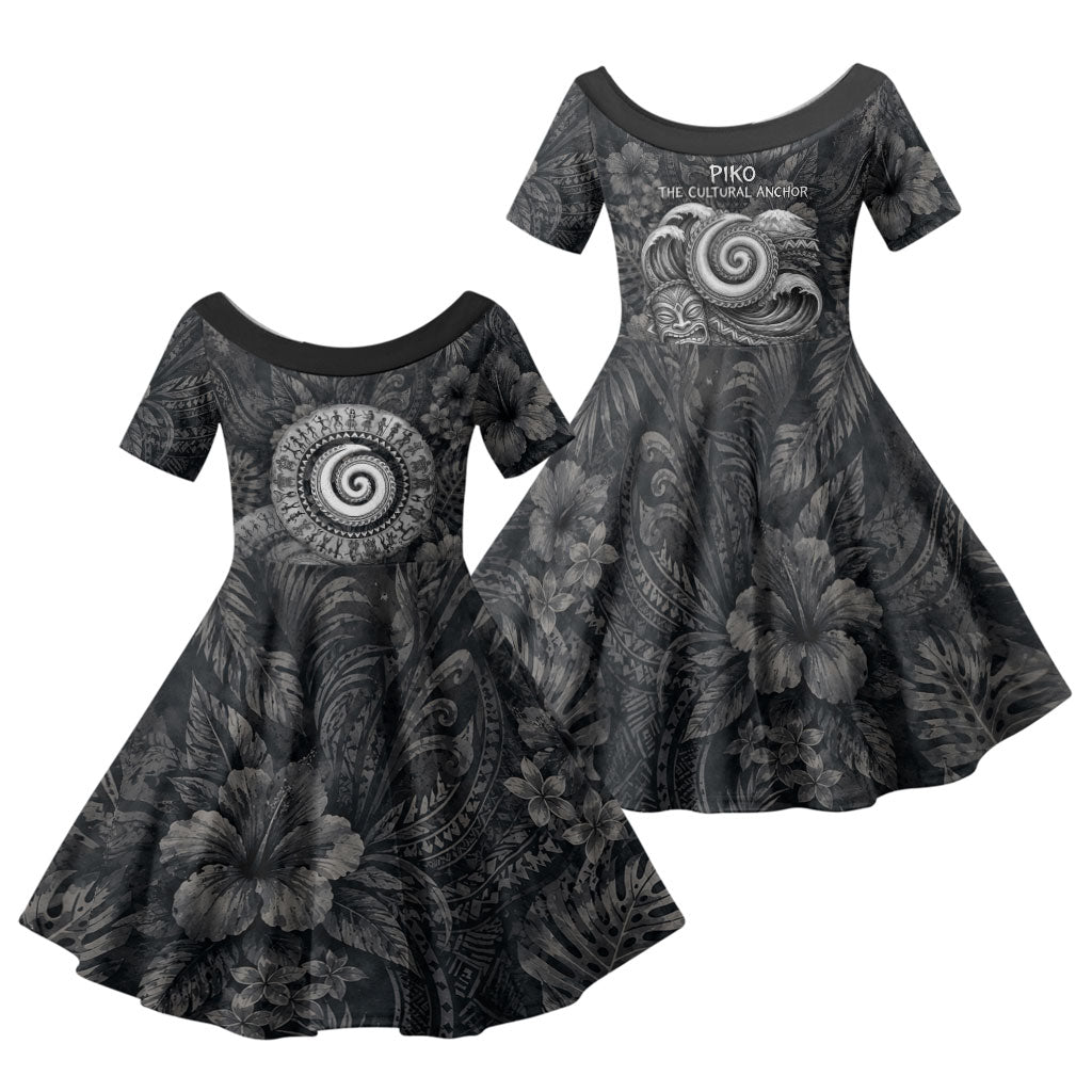 Hawaiian Piko Family Matching Short Sleeve Bodycon Dress and Hawaiian Shirt Cultural Anchor Connect Your Roots Ocean Waves TS04 Daughter's Dress Black Grey - Polynesian Pride