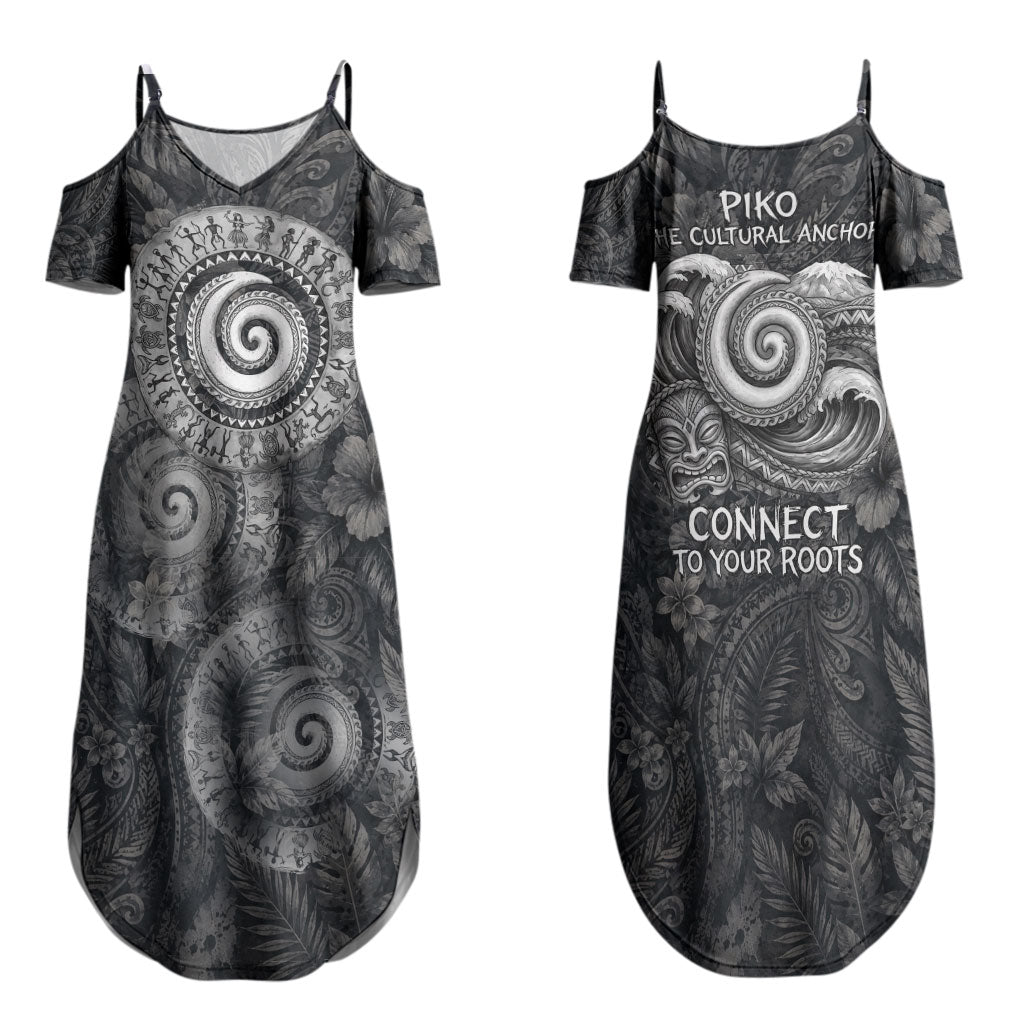 Hawaiian Piko Family Matching Summer Maxi Dress and Hawaiian Shirt Cultural Anchor Connect Your Roots Ocean Waves TS04 Mom's Dress Black Grey - Polynesian Pride