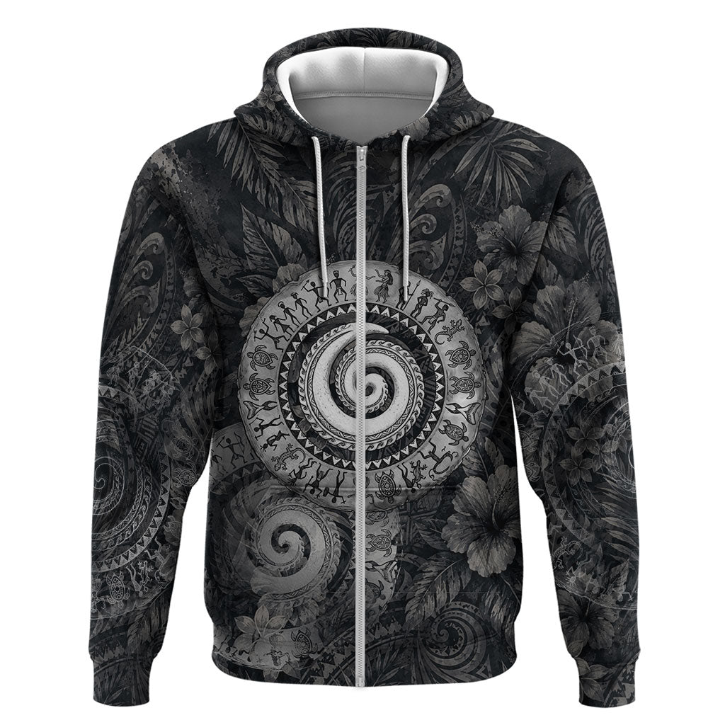 Hawaiian Piko Hoodie Cultural Anchor Connect Your Roots Ocean Waves TS04 Zip Hoodie Black Grey - Polynesian Pride