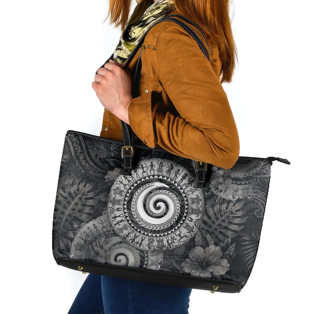 Hawaiian Piko Leather Tote Bag Cultural Anchor Connect Your Roots Ocean Waves TS04 Black Grey - Polynesian Pride
