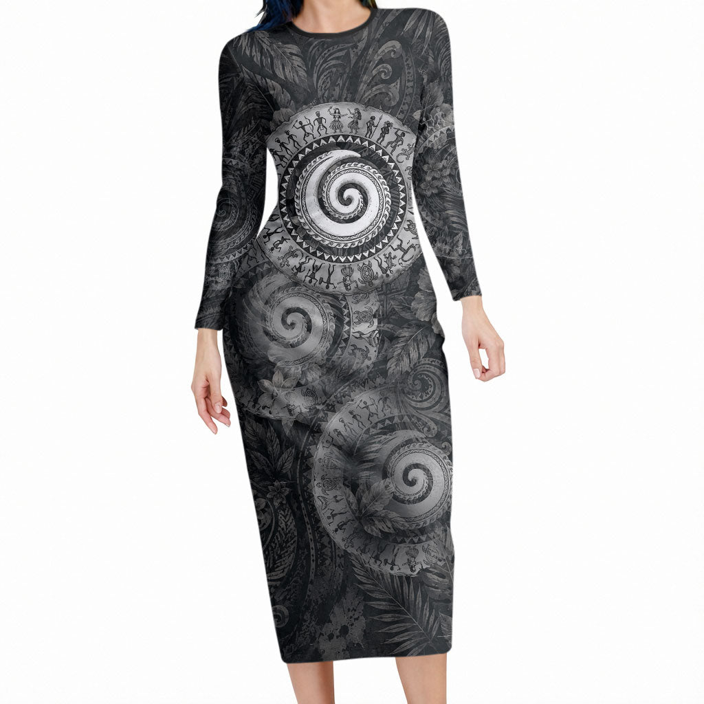 Hawaiian Piko Long Sleeve Bodycon Dress Cultural Anchor Connect Your Roots Ocean Waves