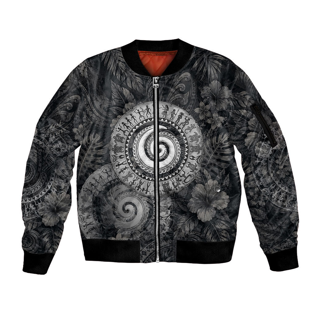 Hawaiian Piko Sleeve Zip Bomber Jacket Cultural Anchor Connect Your Roots Ocean Waves TS04 Unisex Black Grey - Polynesian Pride