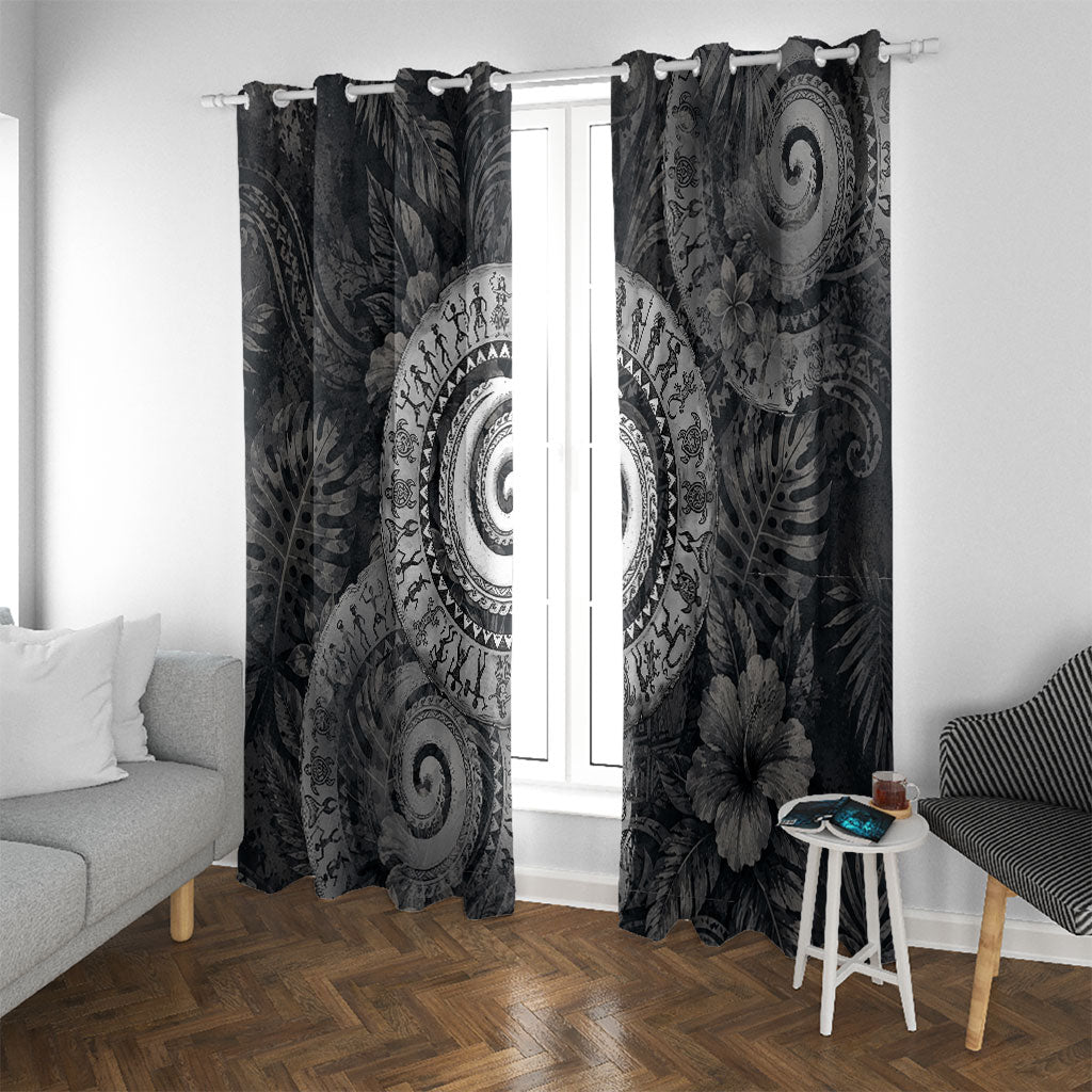 Hawaiian Piko Window Curtain Cultural Anchor Connect Your Roots Ocean Waves TS04 With Grommets Black Grey - Polynesian Pride