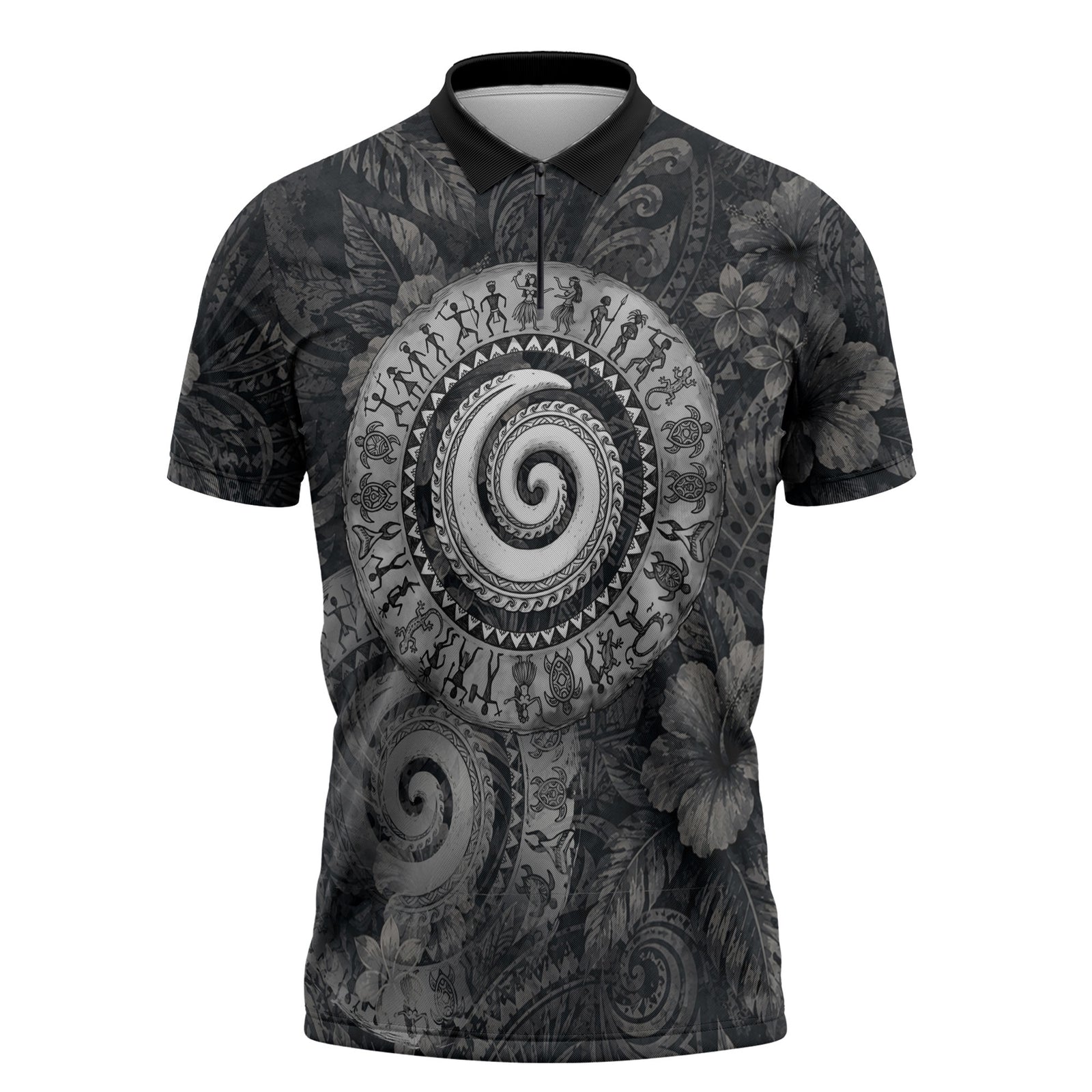 Hawaiian Piko Zipper Polo Shirt Cultural Anchor Connect Your Roots Ocean Waves