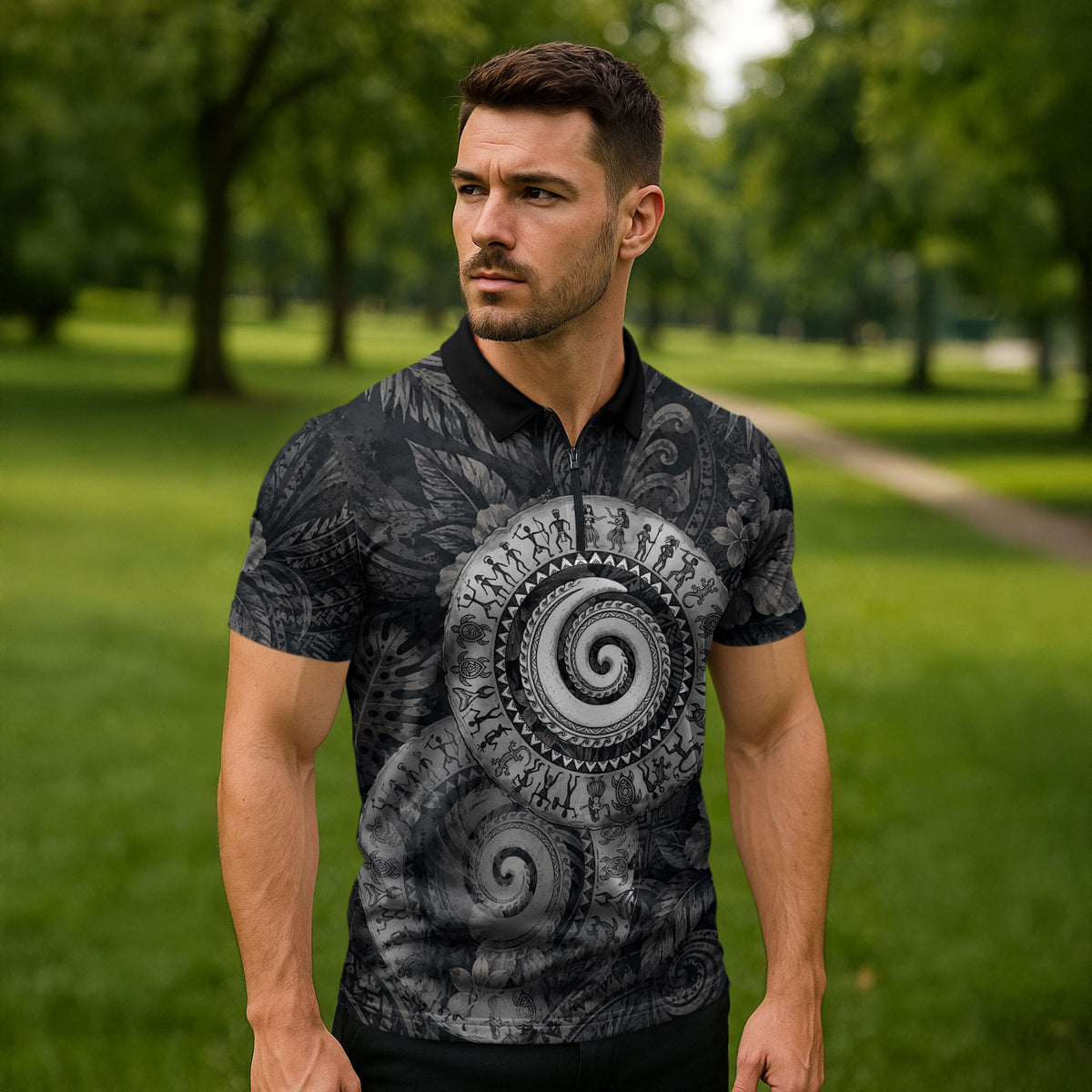 Hawaiian Piko Zipper Polo Shirt Cultural Anchor Connect Your Roots Ocean Waves