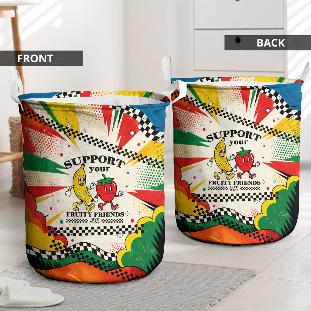 Support Your Fruity Friends Love Wins Gay Pride Laundry Basket LGBTQ Retro 30s Cartoon Checkered