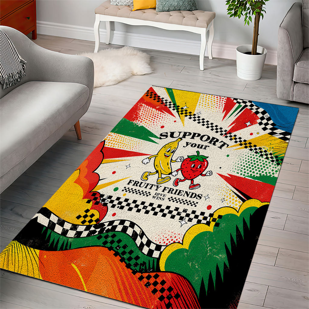 Support Your Fruity Friends Love Wins Gay Pride Area Rug LGBTQ Retro 30s Cartoon Checkered