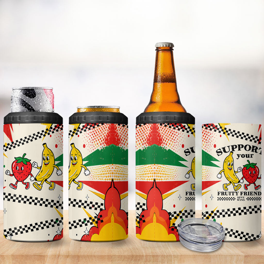 Support Your Fruity Friends Love Wins Gay Pride 4 in 1 Can Cooler Tumbler LGBTQ Retro 30s Cartoon Checkered