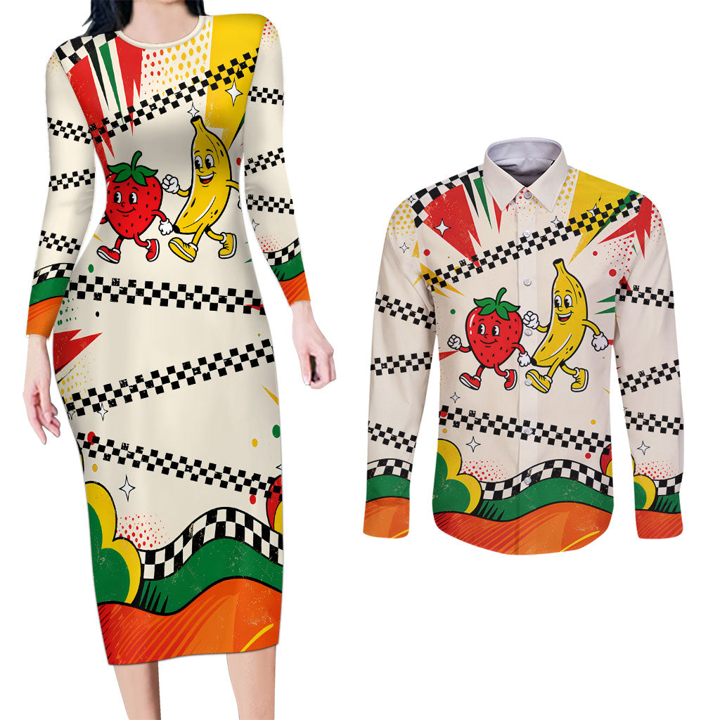 Support Your Fruity Friends Love Wins Gay Pride Couples Matching Long Sleeve Bodycon Dress and Long Sleeve Button Shirt LGBTQ Retro 30s Cartoon Checkered