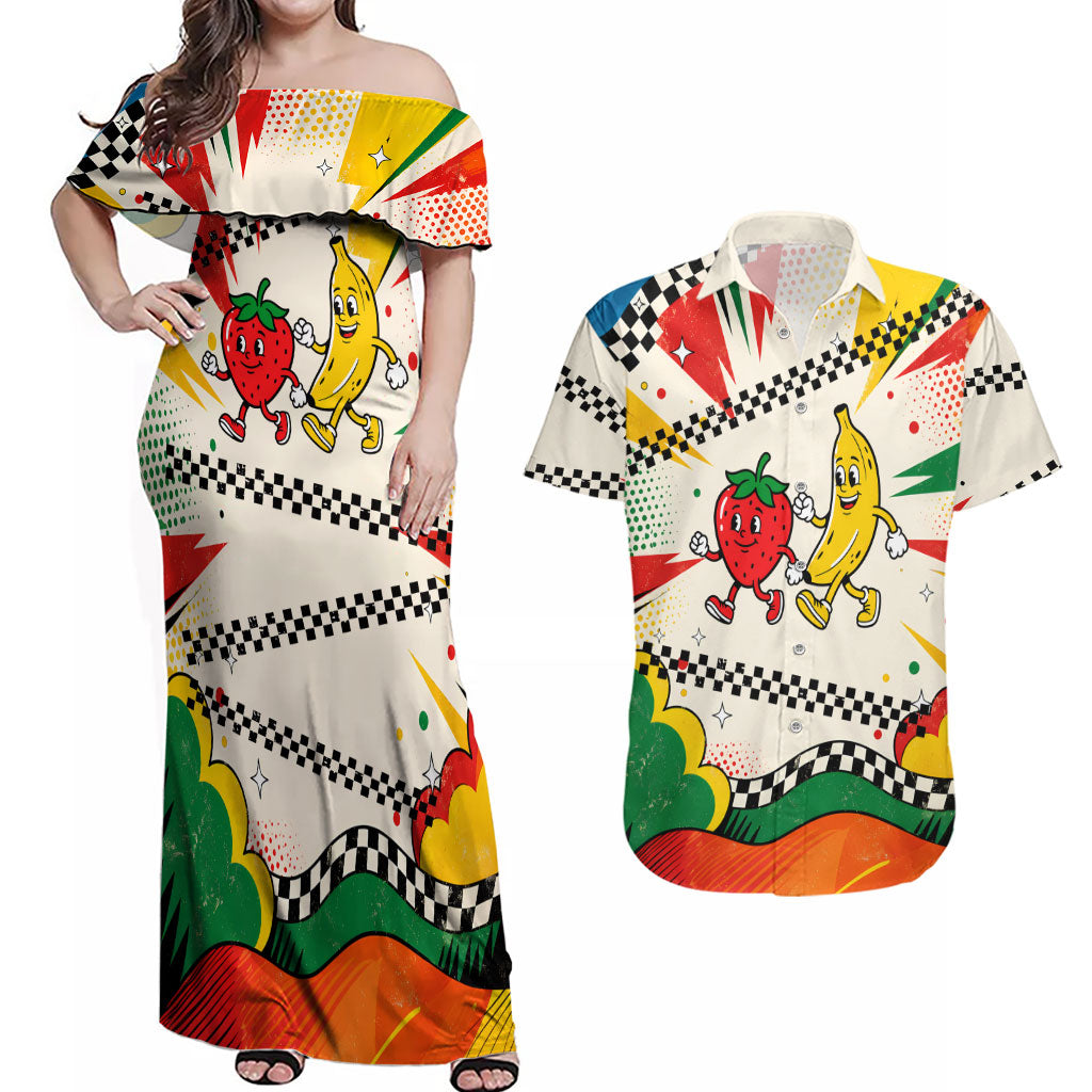 Support Your Fruity Friends Love Wins Gay Pride Couples Matching Off Shoulder Maxi Dress and Hawaiian Shirt LGBTQ Retro 30s Cartoon Checkered