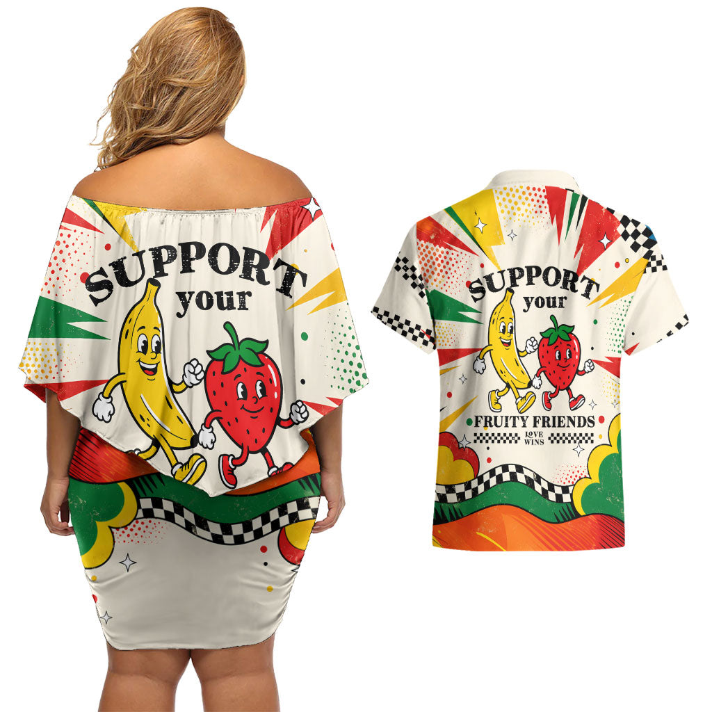 Support Your Fruity Friends Love Wins Gay Pride Couples Matching Off Shoulder Short Dress and Hawaiian Shirt LGBTQ Retro 30s Cartoon Checkered