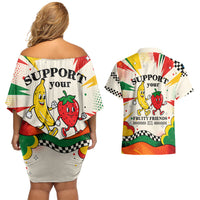 Support Your Fruity Friends Love Wins Gay Pride Couples Matching Off Shoulder Short Dress and Hawaiian Shirt LGBTQ Retro 30s Cartoon Checkered