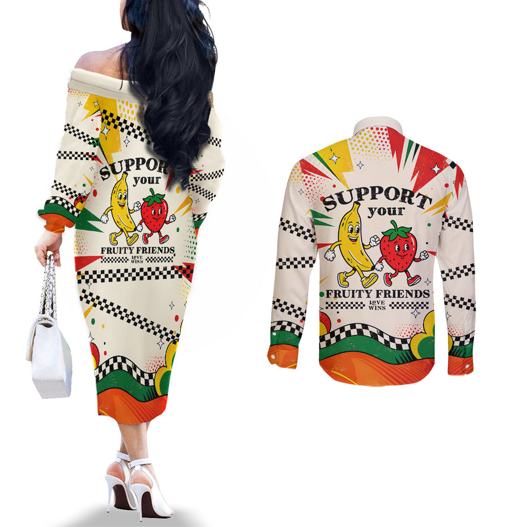 Support Your Fruity Friends Love Wins Gay Pride Couples Matching Off The Shoulder Long Sleeve Dress and Long Sleeve Button Shirt LGBTQ Retro 30s Cartoon Checkered