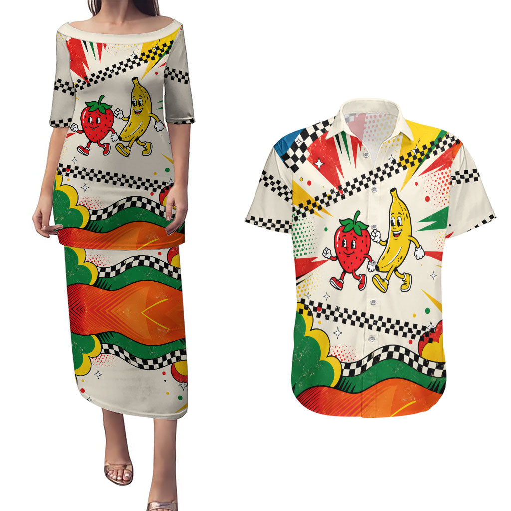 Support Your Fruity Friends Love Wins Gay Pride Couples Matching Puletasi and Hawaiian Shirt LGBTQ Retro 30s Cartoon Checkered