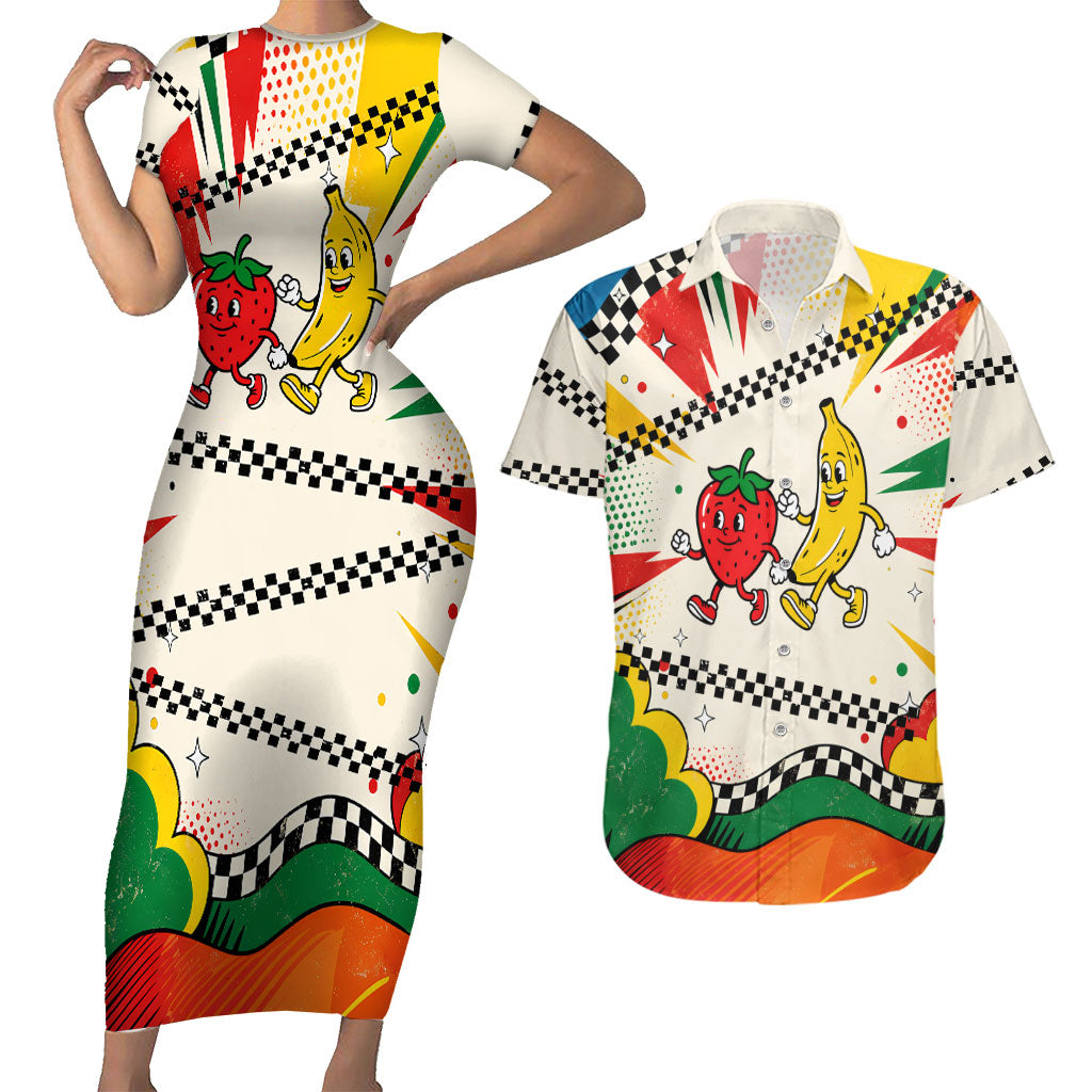 Support Your Fruity Friends Love Wins Gay Pride Couples Matching Short Sleeve Bodycon Dress and Hawaiian Shirt LGBTQ Retro 30s Cartoon Checkered