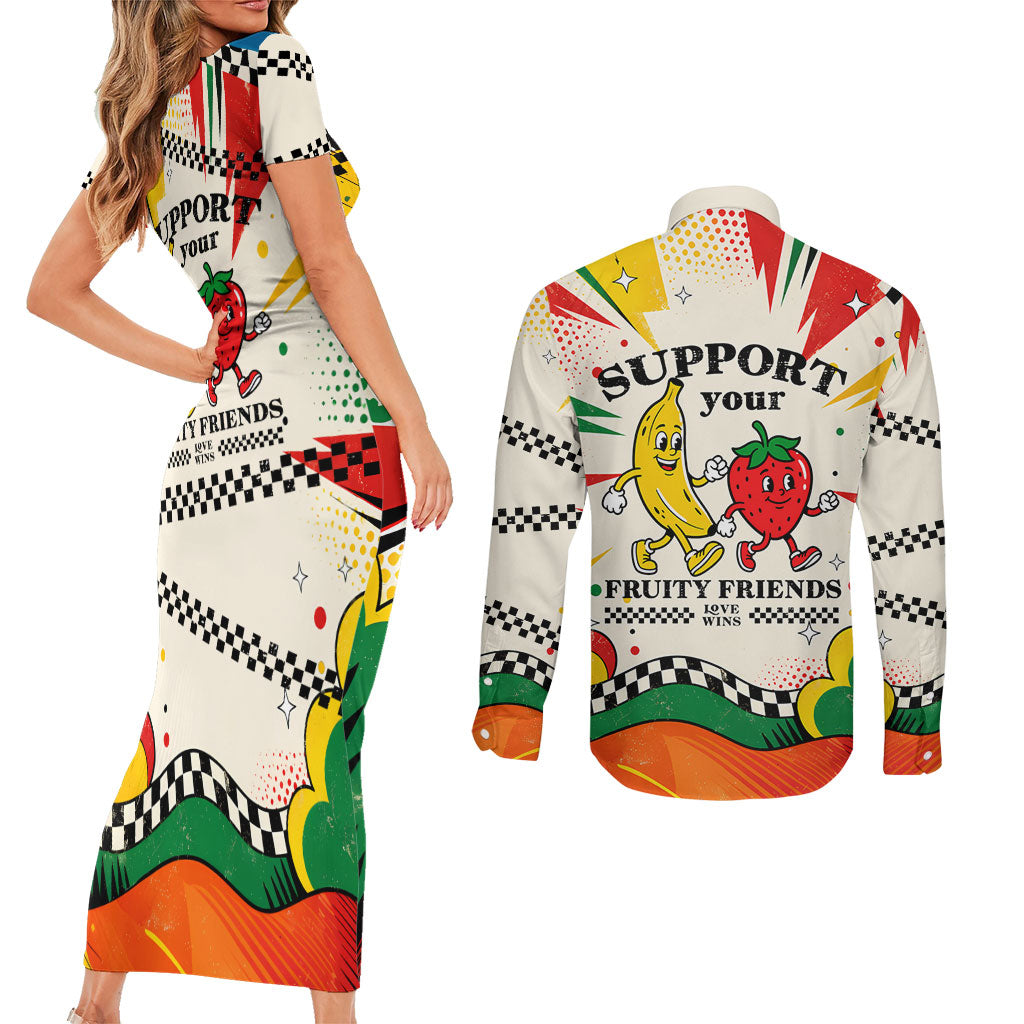 Support Your Fruity Friends Love Wins Gay Pride Couples Matching Short Sleeve Bodycon Dress and Long Sleeve Button Shirt LGBTQ Retro 30s Cartoon Checkered