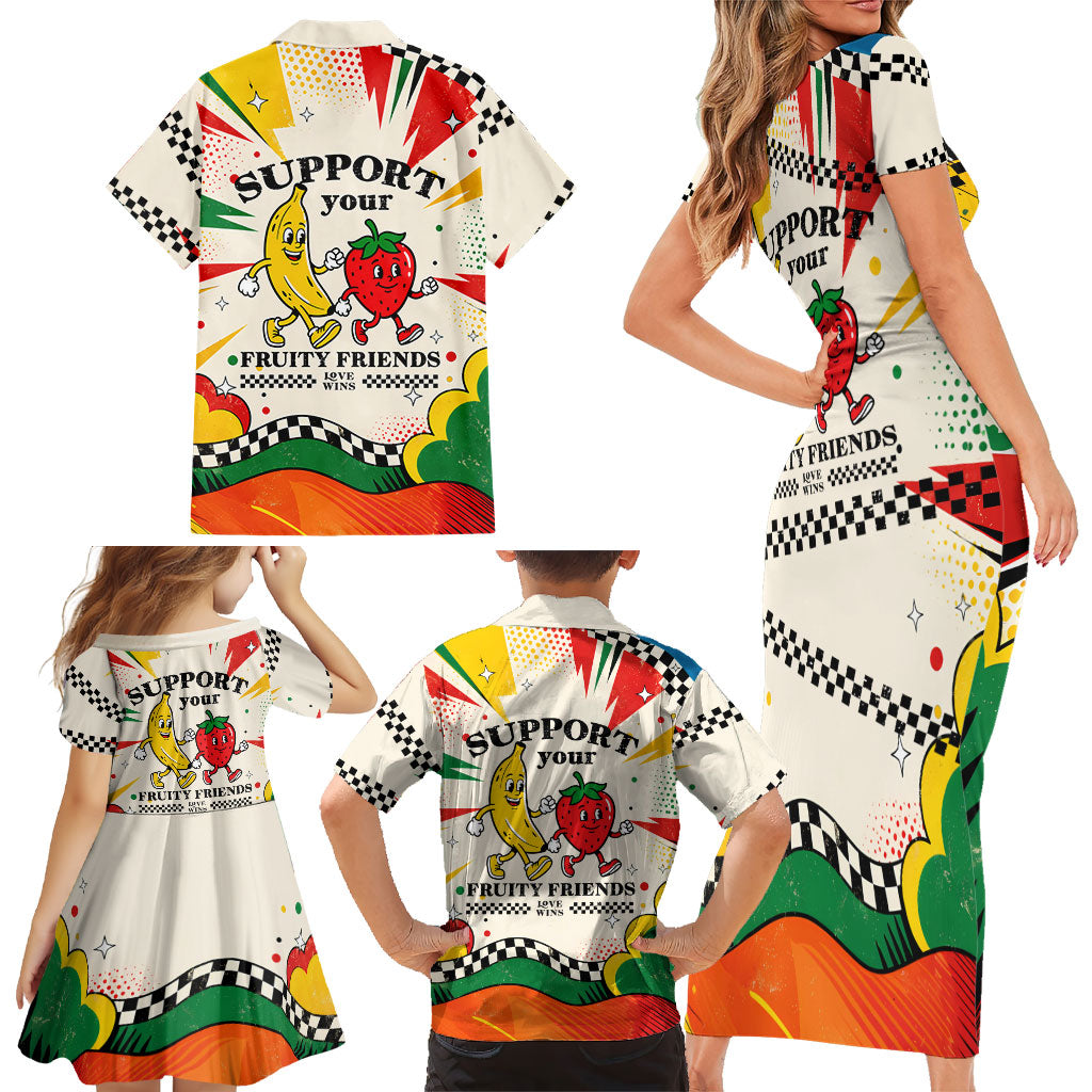 Support Your Fruity Friends Love Wins Gay Pride Family Matching Short Sleeve Bodycon Dress and Hawaiian Shirt LGBTQ Retro 30s Cartoon Checkered