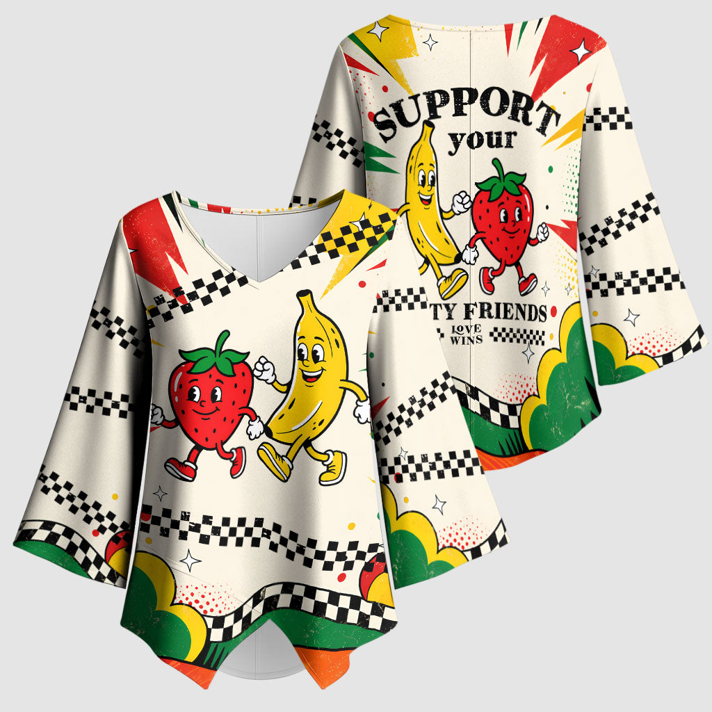 Support Your Fruity Friends Love Wins Gay Pride Kimono Sleeve Blouse LGBTQ Retro 30s Cartoon Checkered