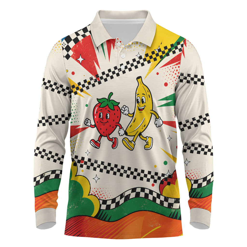 Support Your Fruity Friends Love Wins Gay Pride Long Sleeve Polo Shirt LGBTQ Retro 30s Cartoon Checkered