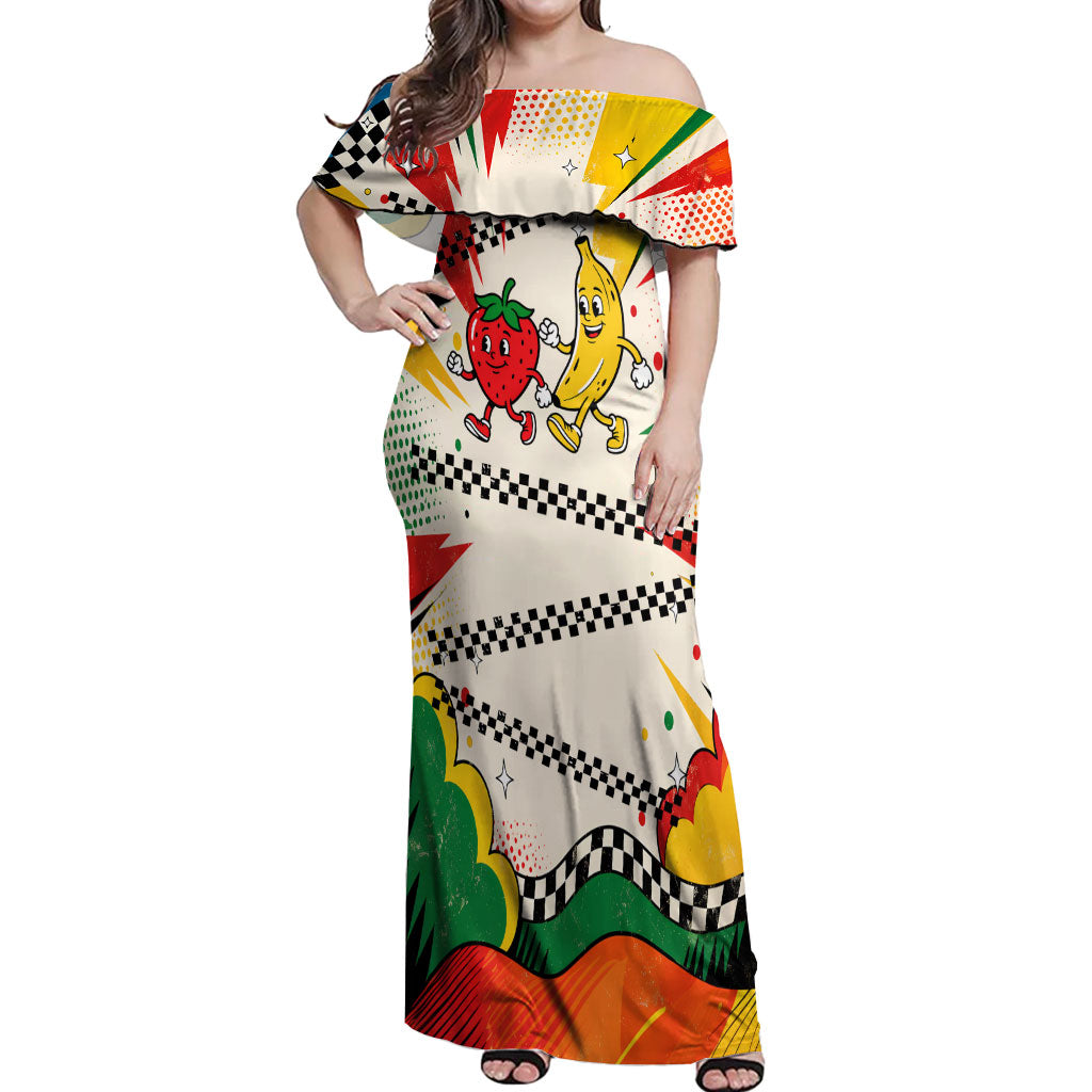 Support Your Fruity Friends Love Wins Gay Pride Off Shoulder Maxi Dress LGBTQ Retro 30s Cartoon Checkered TS04 Women White Yellow - Polynesian Pride