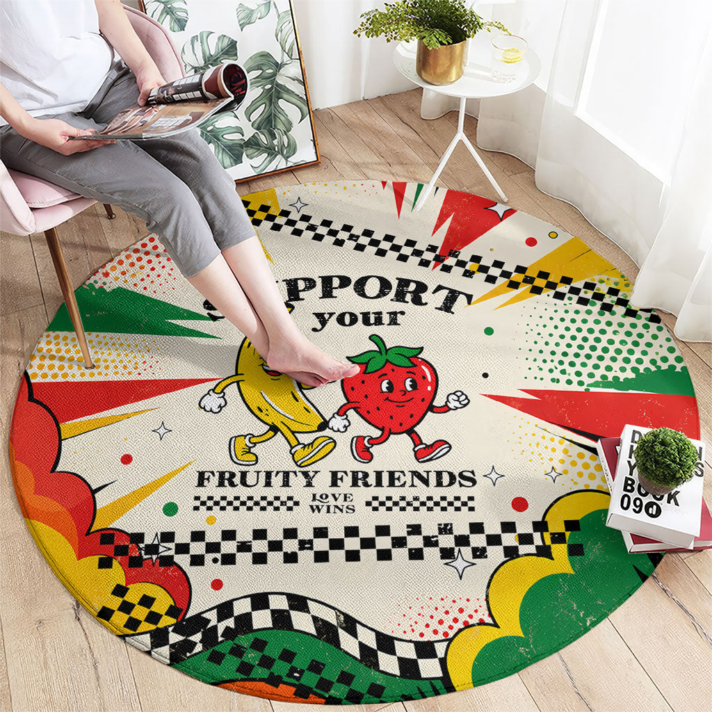 Support Your Fruity Friends Love Wins Gay Pride Round Carpet LGBTQ Retro 30s Cartoon Checkered