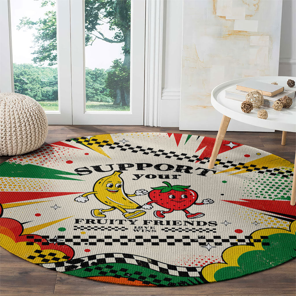 Support Your Fruity Friends Love Wins Gay Pride Round Carpet LGBTQ Retro 30s Cartoon Checkered