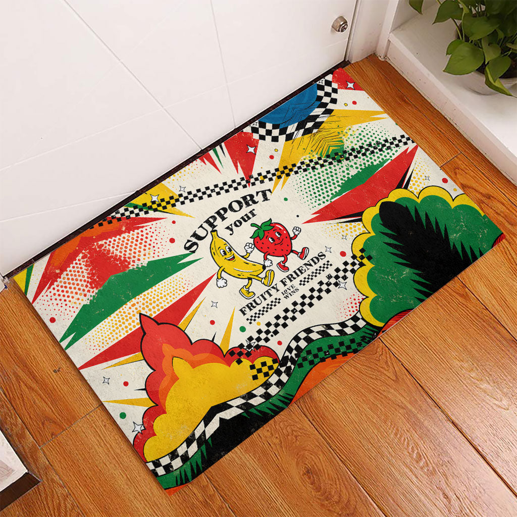 Support Your Fruity Friends Love Wins Gay Pride Rubber Doormat LGBTQ Retro 30s Cartoon Checkered