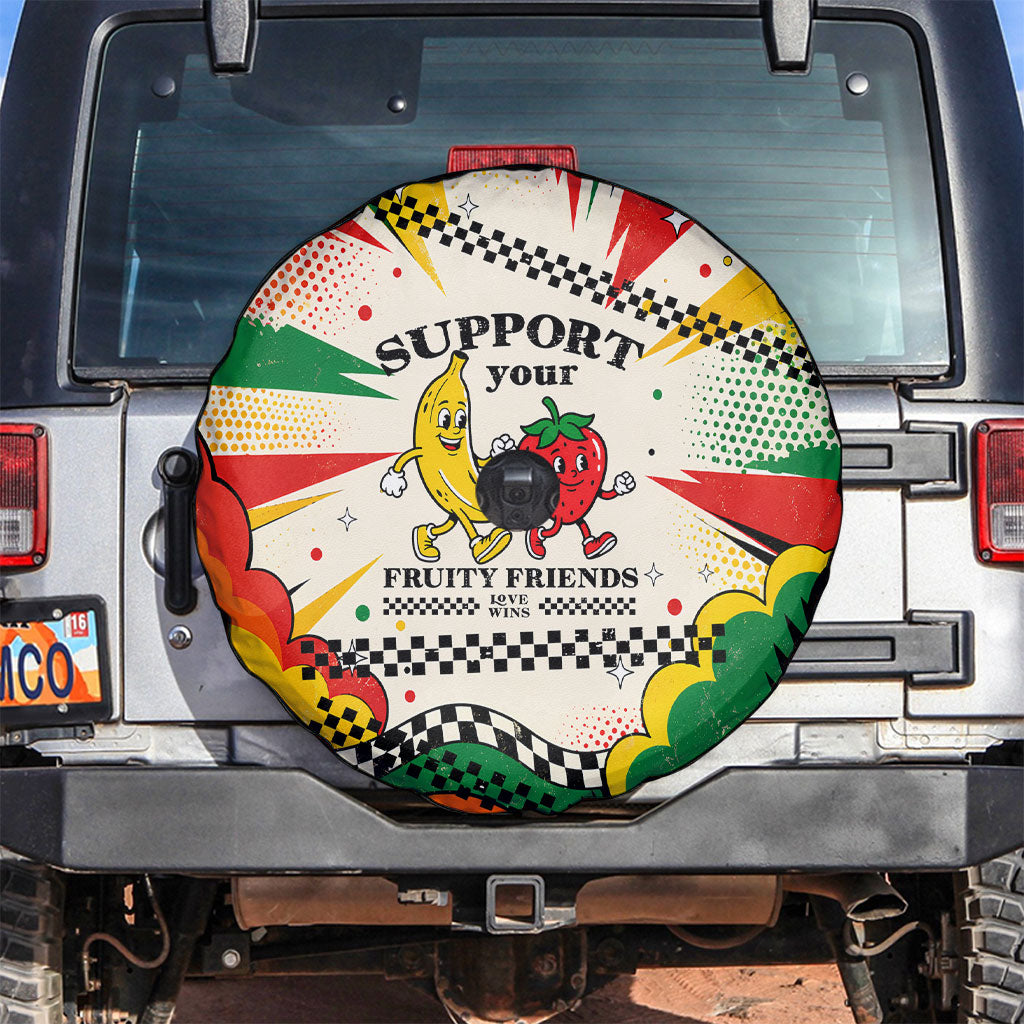 Support Your Fruity Friends Love Wins Gay Pride Spare Tire Cover LGBTQ Retro 30s Cartoon Checkered